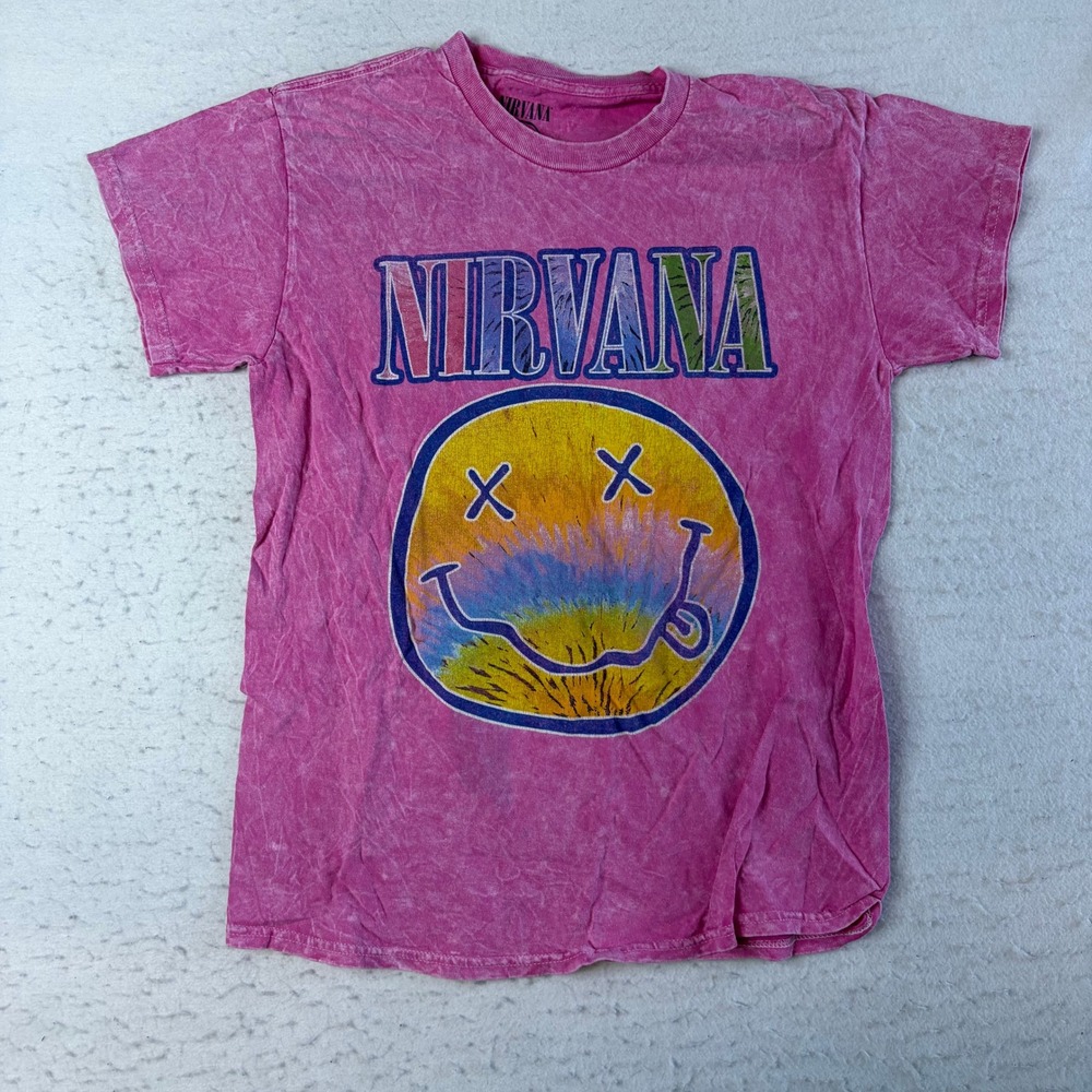 Nirvana Graphic T-Shirt Unisex Medium Pink Acid Wash Smiley Face Band Tee